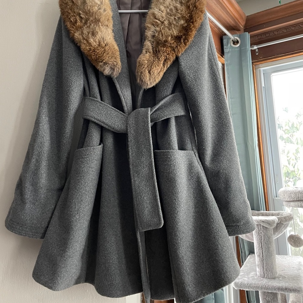 Vintage rabbit fur collared coat with waist tie